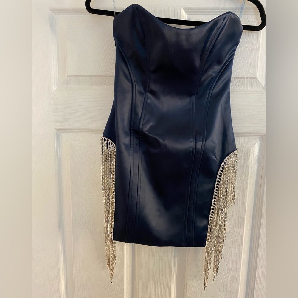 Oh Polly Satin Strapless Blue Dress with Rhinestones US4 UK8 - Picture 3 of 7